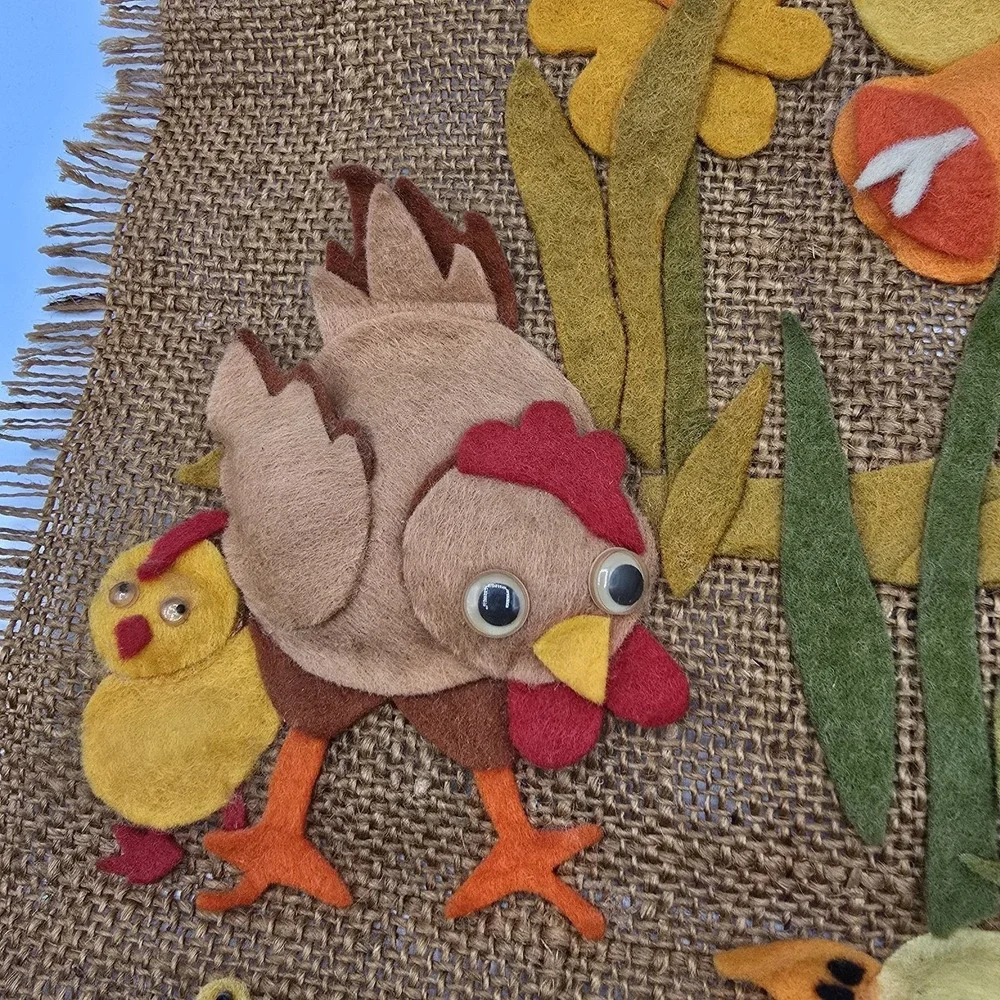 Burlap Chicken Chicks Wall Decor Hanging Farmhouse Country Cottagecore Vtg